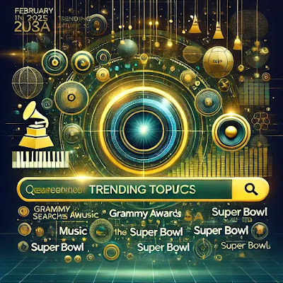 A deep leaf green and deep yellow digital artwork representing top February 2025 searches, featuring symbols for music, sports, and viral trends in the USA.