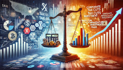 "A conceptual illustration showcasing the effects of government policies on stock markets, featuring financial growth, trade adjustments, and market trends in 2025."