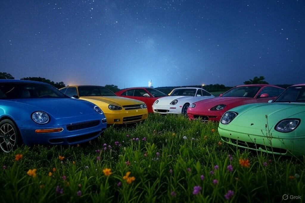 American-made cars in blue, white, yellow, red, pink, and green parked in a field under a starry night sky, surrounded by green leaves and colorful wildflowers, with a distant factory glowing softly