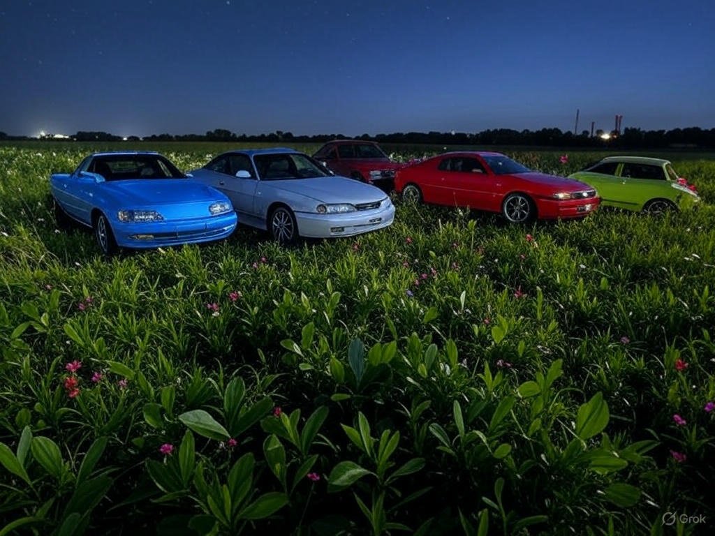 A collection of colorful classic cars parked in a lush green field under a starry night sky, creating a stunning contrast with nature.