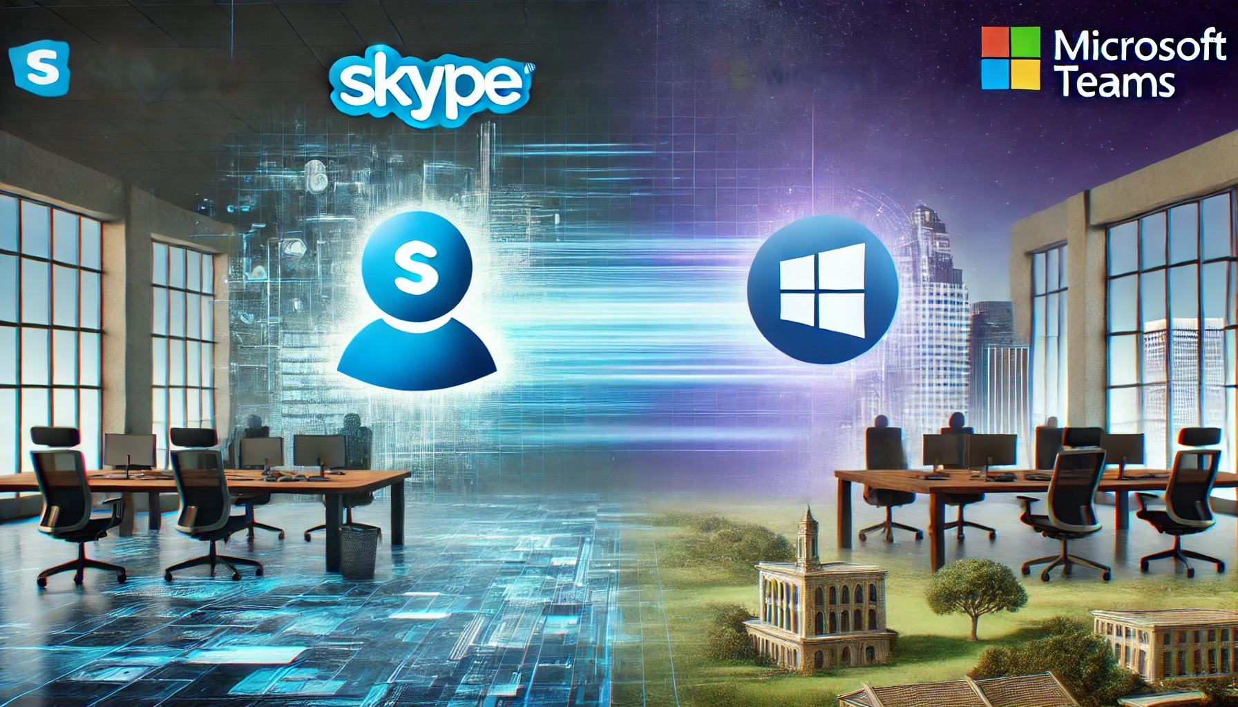 A digital illustration showing the transition from Skype to Microsoft Teams, symbolizing