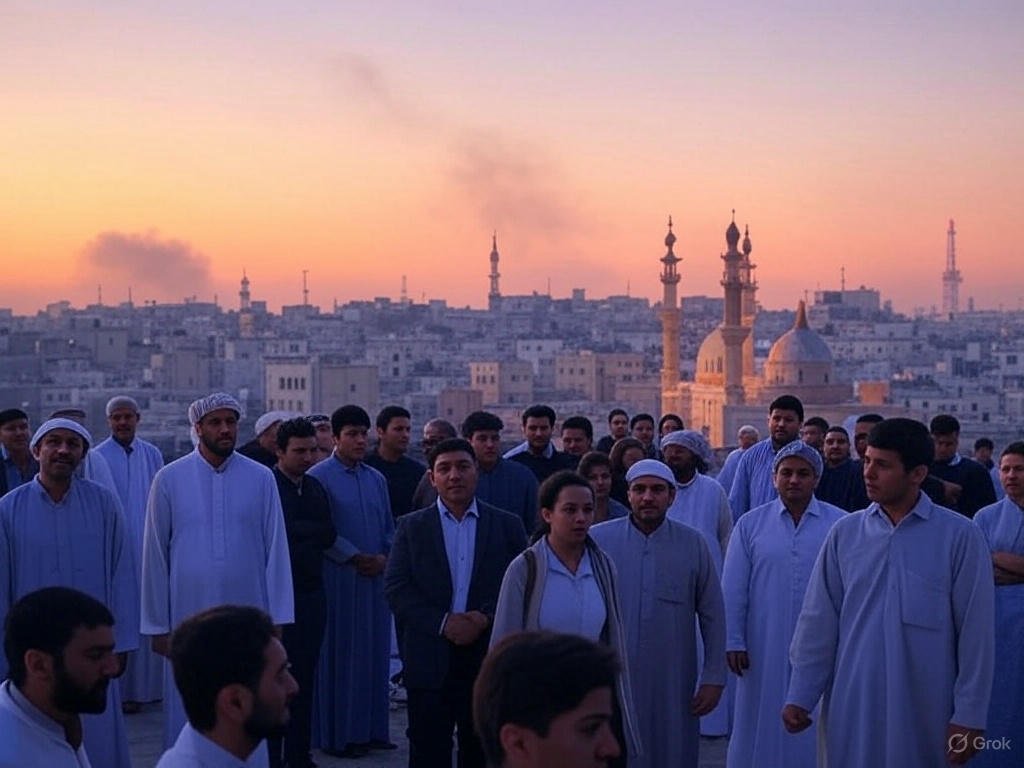Middle East Escalation 2025: A crowd watches smoke rise over a city skyline at dusk with a mosque in view.