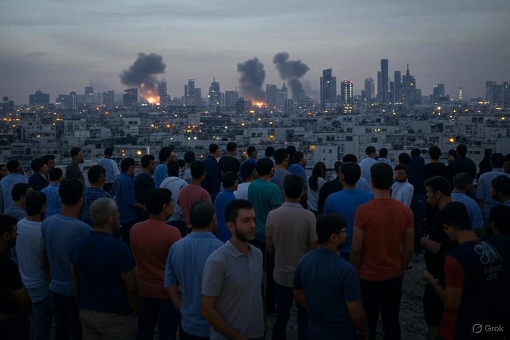 Middle East Escalation 2025: A tense crowd watches smoke rise from blasts over a city skyline at dusk.