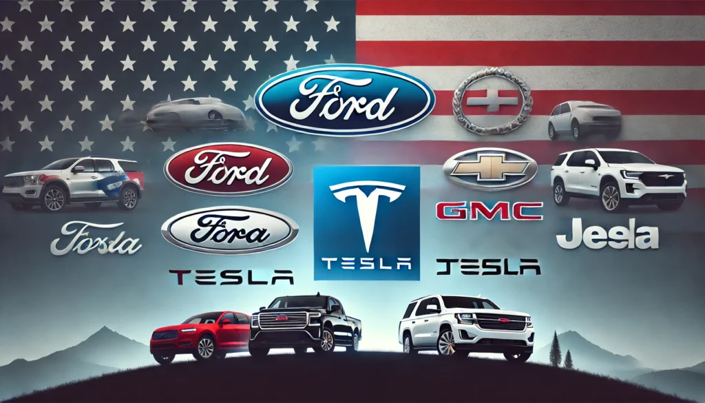 Logos of top American car brands, including Ford, General Motors (Chevrolet, GMC, Cadillac), Tesla, and Jeep, with a patriotic USA-themed background.