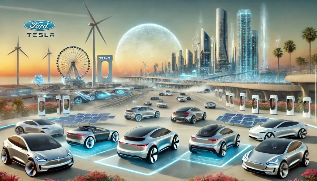 A futuristic scene featuring American-made electric and autonomous cars from brands like Tesla, Ford, and General Motors, set in a high-tech city with solar panels and charging stations.