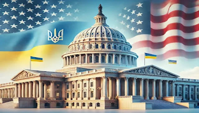 Illustration of the Verkhovna Rada (Ukraine's Parliament) and the U.S. Capitol, symbolizing diplomatic relations between Ukraine and the USA