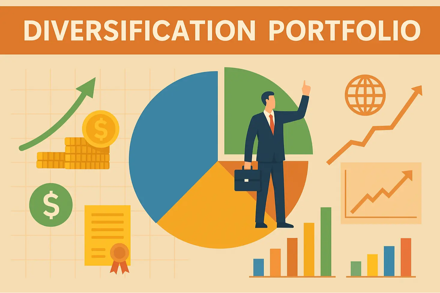 Illustration of a businessman with pie chart and growth symbols representing a diversification portfolio strategy.
