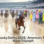 A group of horses race through a muddy track at Churchill Downs during a rainy day, with a vibrant crowd in colorful attire watching from the sidelines, capturing the excitement of the Kentucky Derby 2025: America's Top Horse Race Triumph.