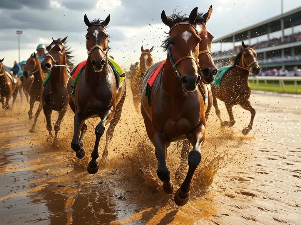 Horses gallop through a muddy track under a cloudy sky, racing neck-and-neck at Churchill Downs, showcasing America's Top Horse Race in action during the Kentucky Derby 2025.