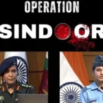 Two Indian female military officers addressing the media, with the title "Operation Sindoor" above, highlighting India Pakistan military tension.