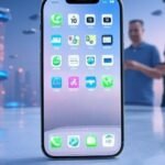 A sleek iPhone displaying iOS 26 apps in front of a futuristic cityscape, with developers discussing Apple WWDC 2025: AI Progress Under Scrutiny in the background.