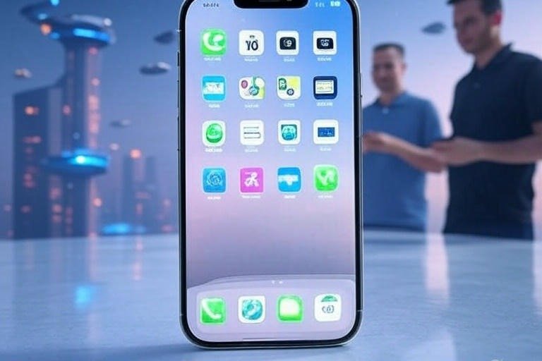 A sleek iPhone displaying iOS 26 apps in front of a futuristic cityscape, with developers discussing Apple WWDC 2025: AI Progress Under Scrutiny in the background.