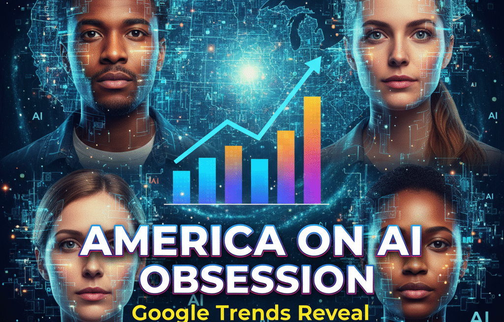 America On AI obsession chart showing explosive growth on a digital map, featuring diverse human faces.