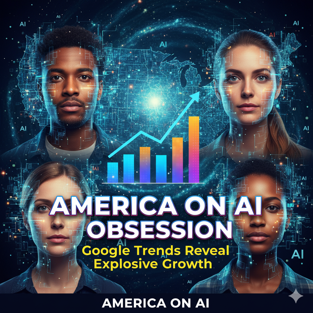 America On AI obsession chart showing explosive growth on a digital map, featuring diverse human faces.
