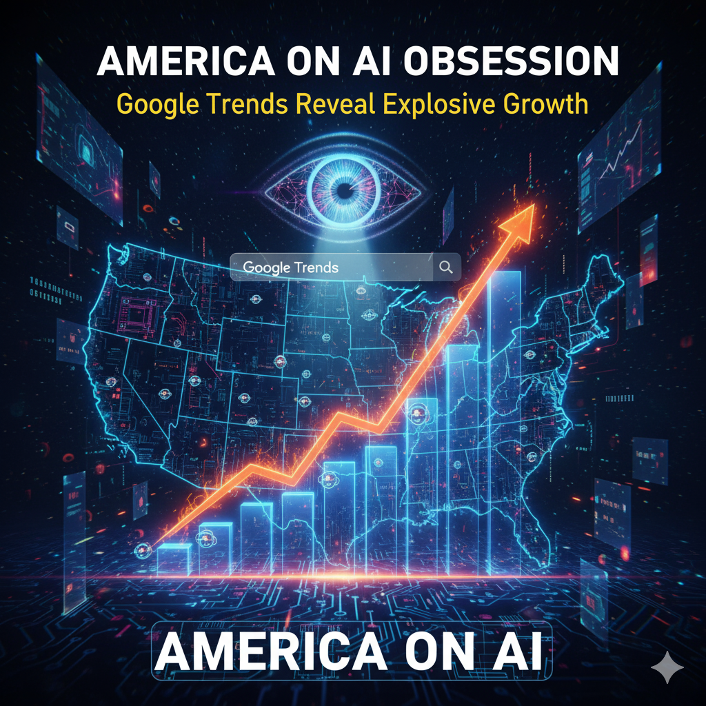 America On AI obsession chart showing explosive growth on a digital map, featuring diverse human faces.