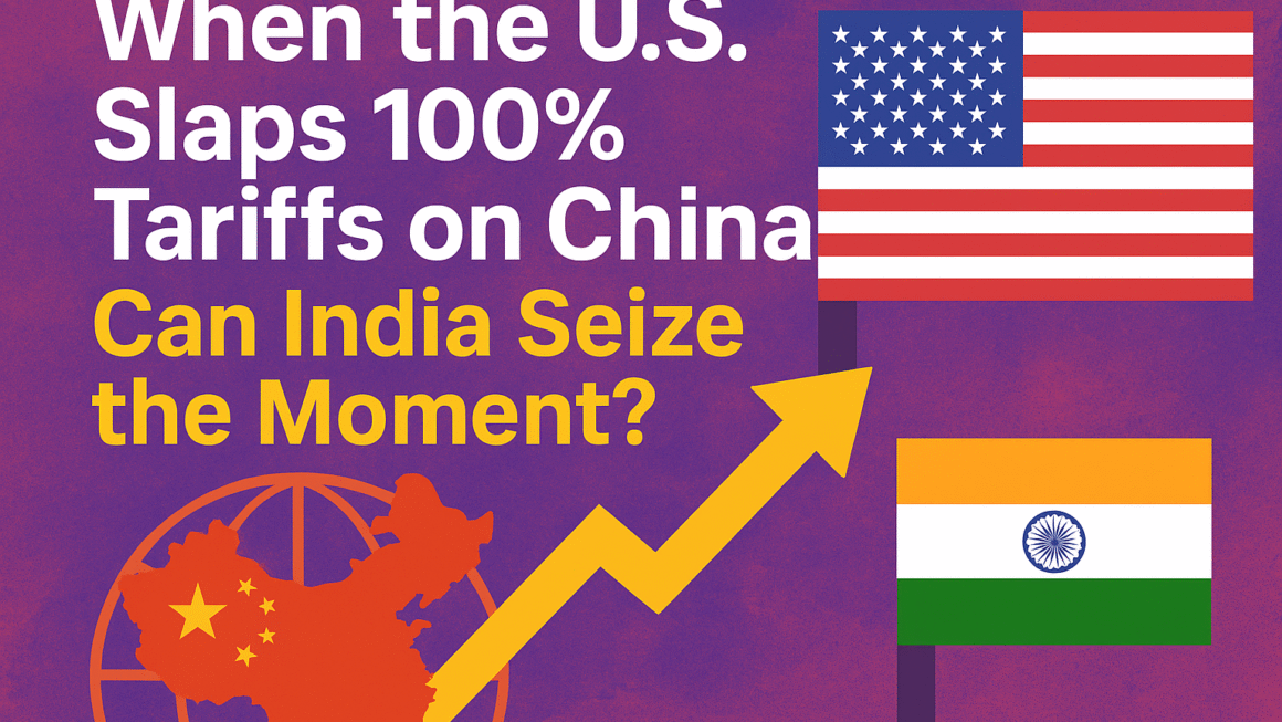Illustration showing U.S., China, and India flags with a rising arrow symbolizing trade shifts after U.S. imposes 100% tariffs on China