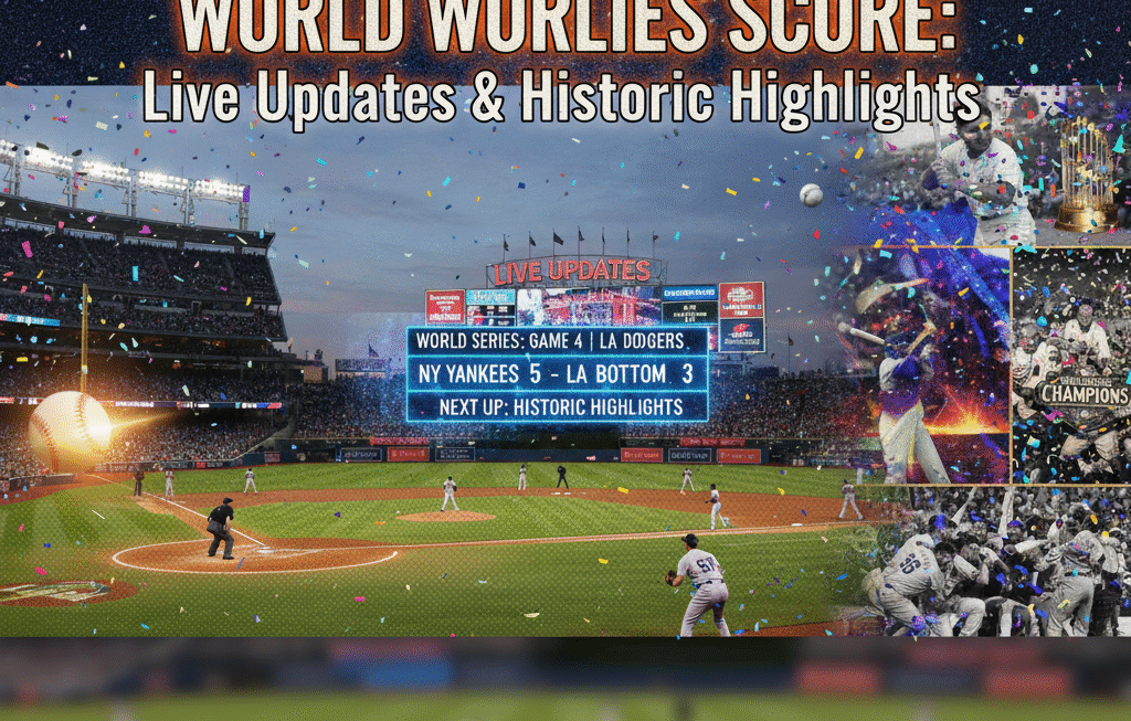 A baseball stadium at night with a live World Series score on the scoreboard and historic images of past champions and players overlaid.