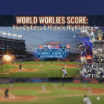 A baseball stadium at night with a live World Series score on the scoreboard and historic images of past champions and players overlaid.