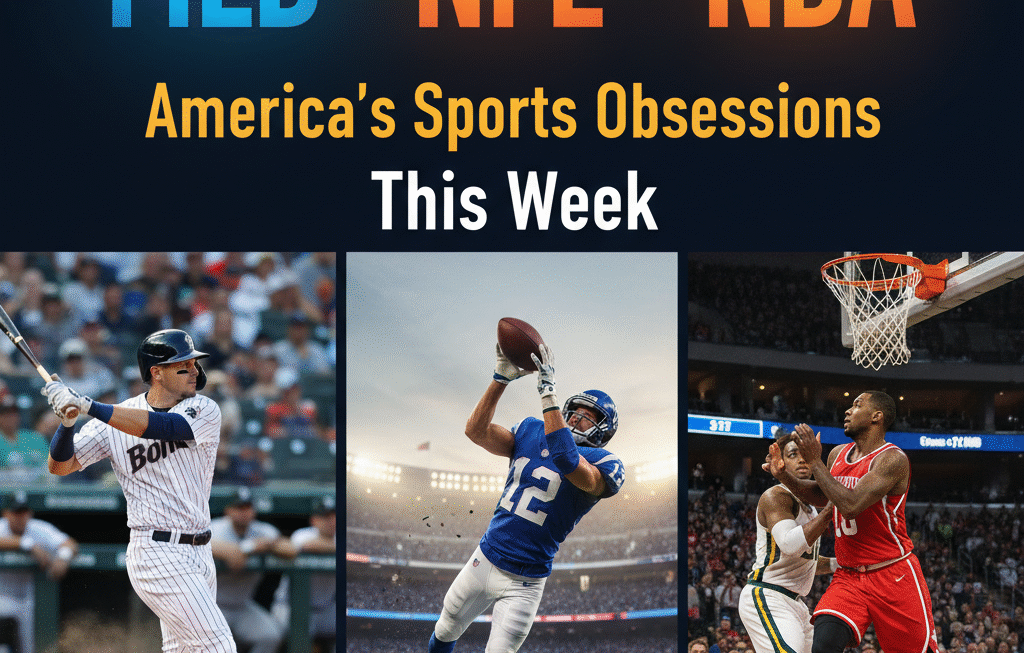 A digital banner titled 'MLB • NFL • NBA — America’s Sports Obsessions This Week' featuring three panels below the title. The left panel shows a baseball player swinging a bat, the middle panel shows an American football player catching a ball, and the right panel shows two basketball players in action on a court