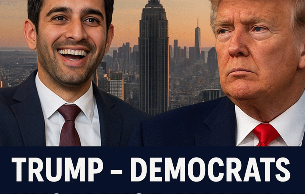 AI illustration of Donald Trump and New York Mayor Zohran Mamdani amid growing Democratic–Republican tensions.